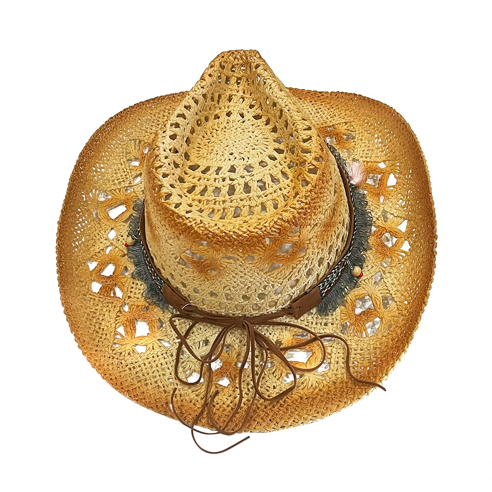 2023 Women and Men Hollow out Breathable Western Straw Hard Roll up Cowboy Hats with Gems