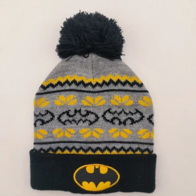 Batman Winter Acrylique 3 Couleurs Jacquard 4-Coin Bonnet Tricoté avec Pompon en Fil