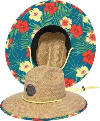 Palmier tissé tissé Hang Ten Beach Active Outdoor Chapeau de soleil de maître nageur de paille avec des chapeaux de paille réglables de cordon de menton